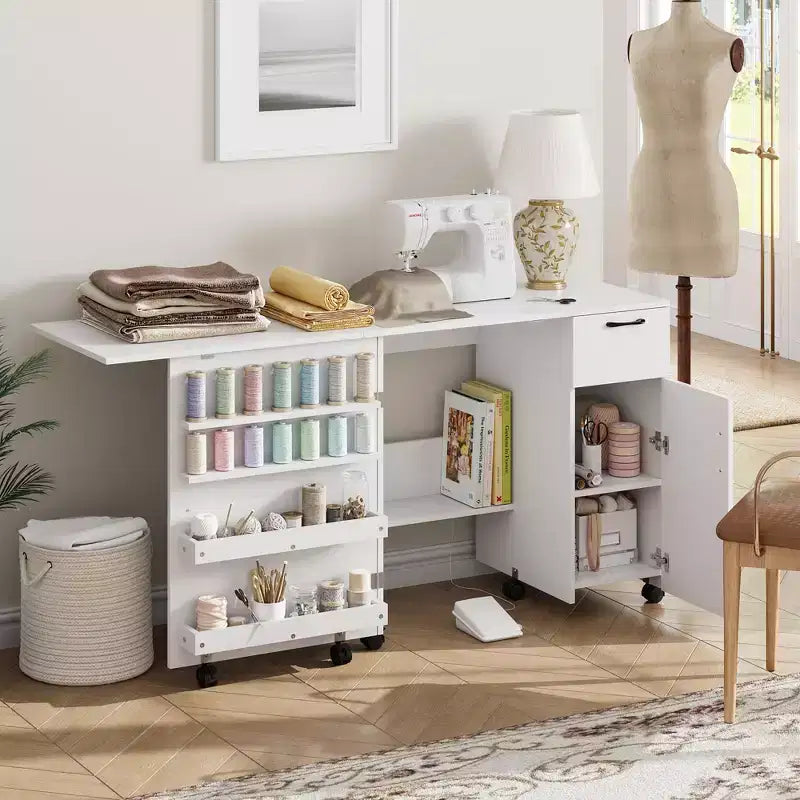 Folding Sewing Machine Table, Rolling Side Desk for Sewing Machine, Craft Station with Lockable Wheels for Home, Bedroom, Small Spaces