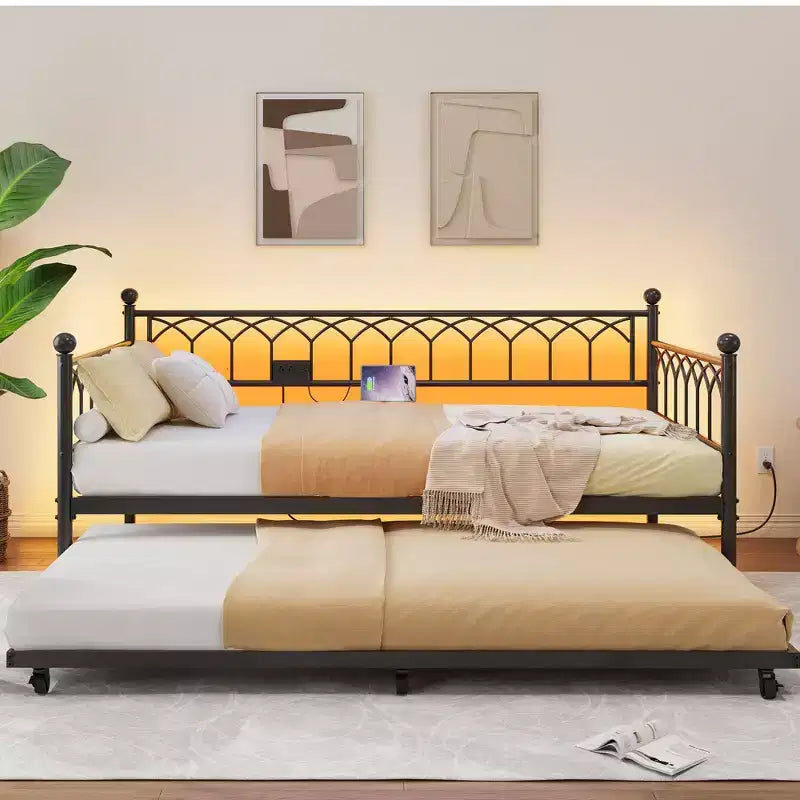Twin Daybed with Trundle,with Charging Station & LED Lights,Metal Sofa Bed Frame with Pull Out Trundle for Living Room,Bedroom,Guest Room,Apartment