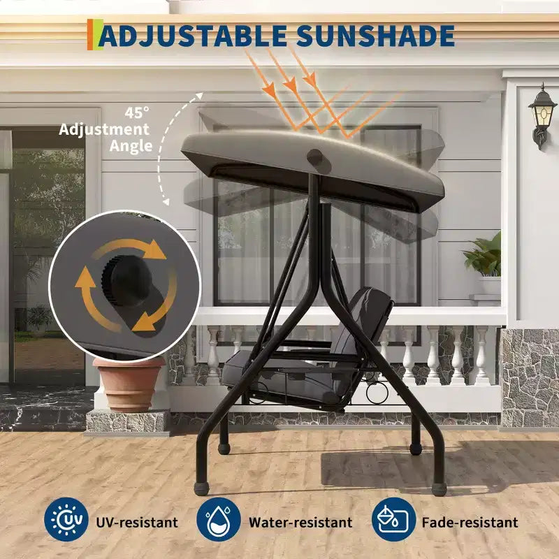 3 Seat Outdoor Porch Swing, 2-in-1 Patio Swing Chair, Thickened Removable Cushions, Adjustable Canopy, Weather Resistant Steel Frame