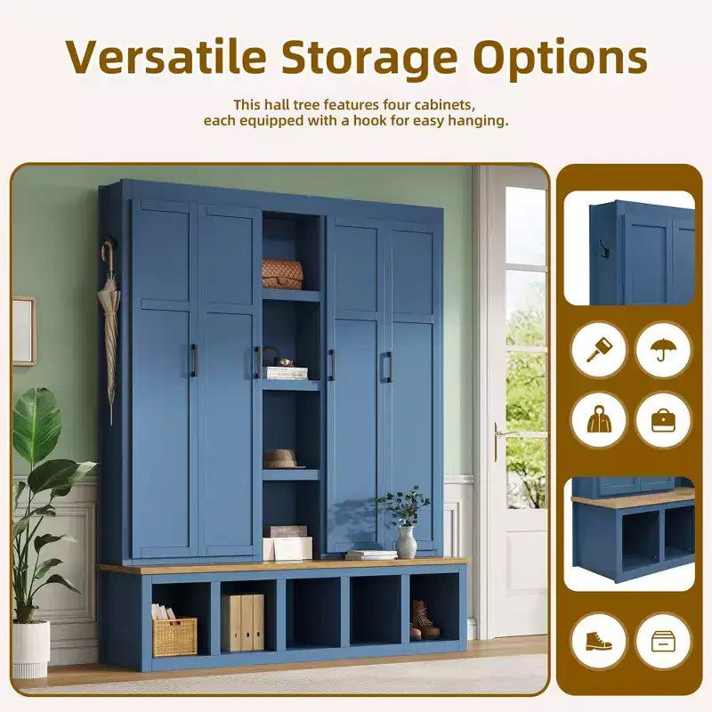 Blue Farmhouse 4-in-1 Hall Tree with 6 Hanging Hooks Mudroom Wood Grain Bench with Open Compartments