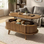 JVNOXK Fluted Lift Top Coffee Table with Hidden Compartment, Wooden Center Table, Modern Oval Lift Tabletop for Home Living Room Office, Walnut