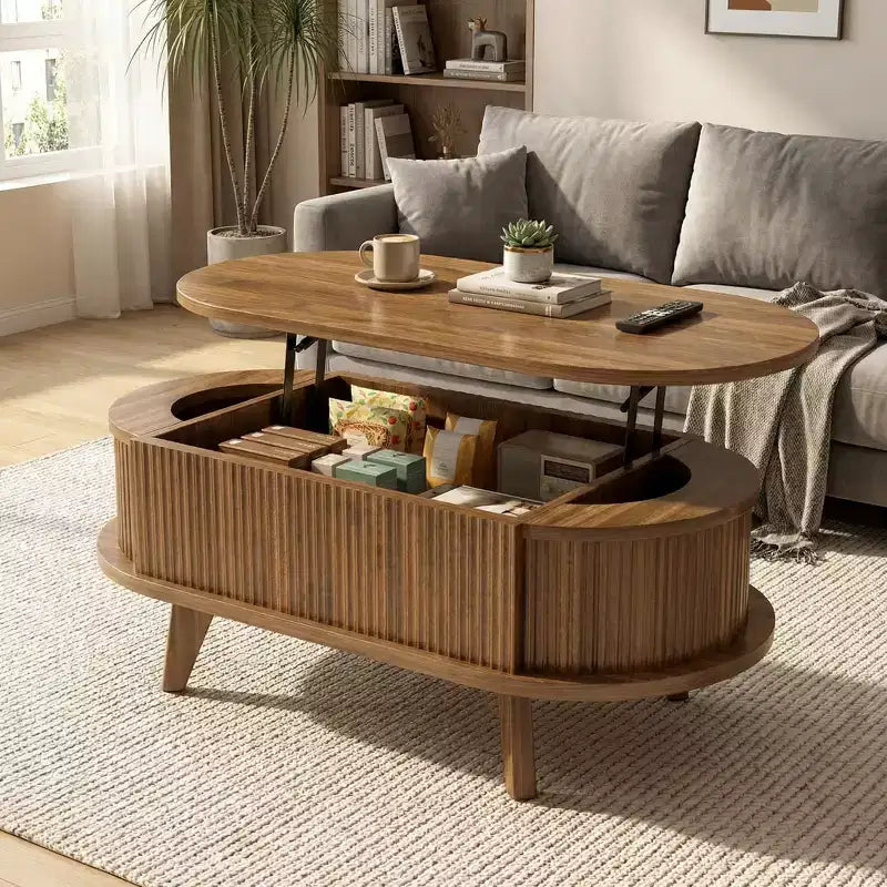 JVNOXK Fluted Lift Top Coffee Table with Hidden Compartment, Wooden Center Table, Modern Oval Lift Tabletop for Home Living Room Office, Walnut