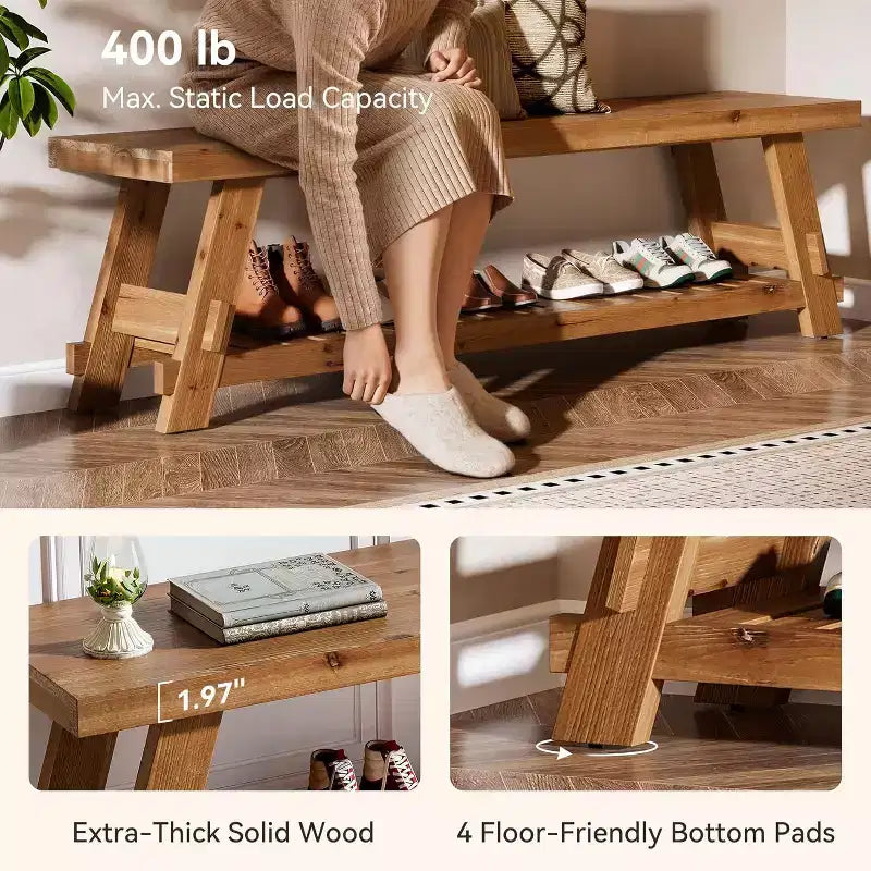 Lantine 63 Solid Wood Shoe Storage Bench , Farmhouse Entryway Bench with Storage Shelf, Dining Bench for Entryway, Bedroom, Mudroom, Rustic Brown