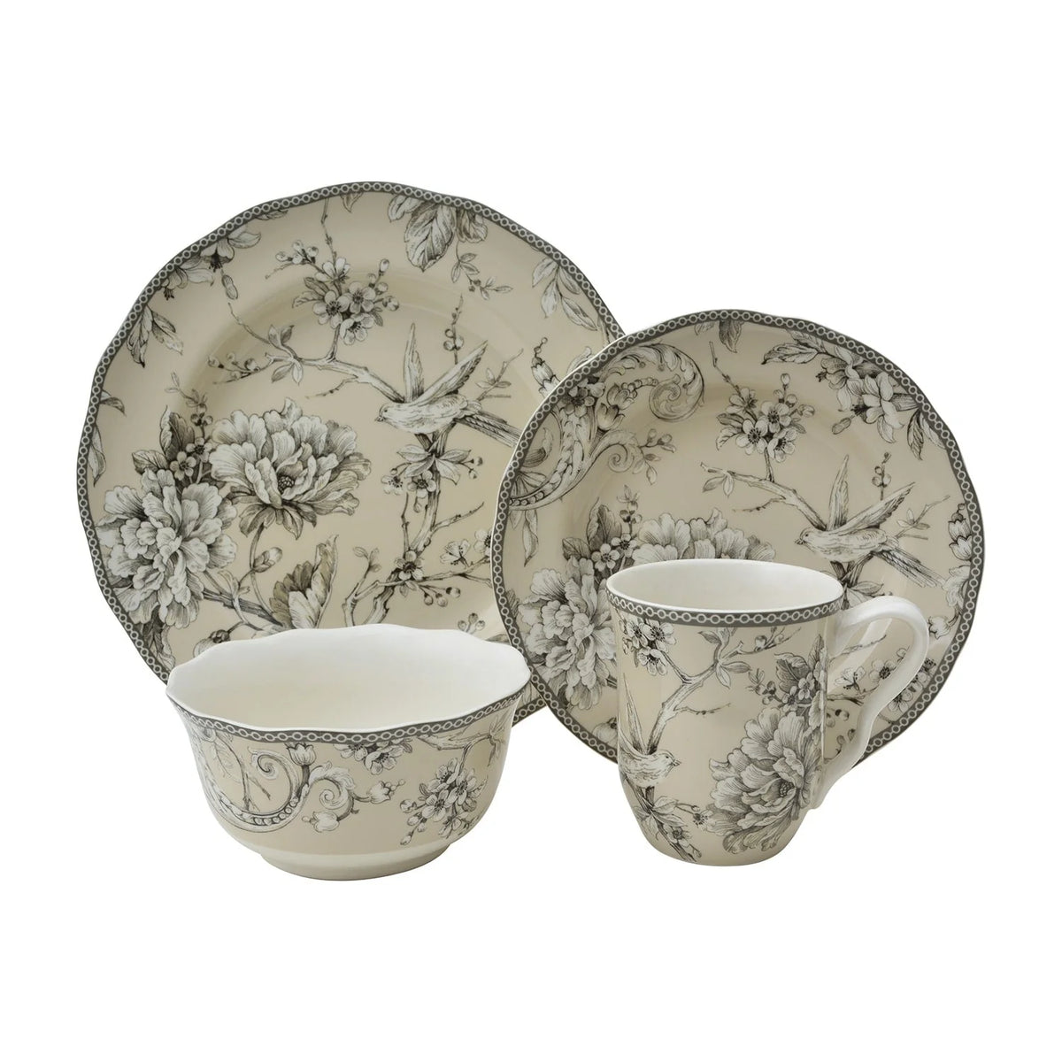 Ensemble de vaisselle 16 pièces en porcelaine Adelaide 222 Fifth avec assiettes rondes, bols et tasses, blanc antique