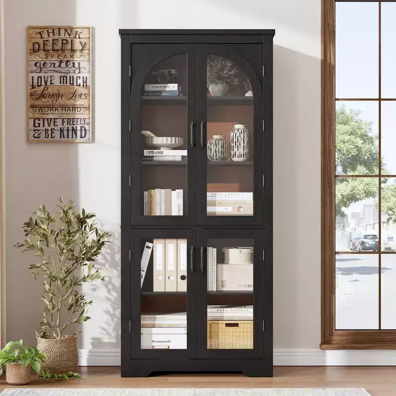 70 Tall Kitchen Pantry Cabinet, Modern Display Cabinet with 4 Arched Glass Doors and Adjustable Shelves, for Kitchen, Living Room, Dining, Bathroom