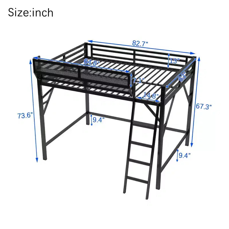 Queen Size Loft Bed with Ladder Metal Queen Loft Bed with Storage Shelves High Loft Bed for Kids Teens Black