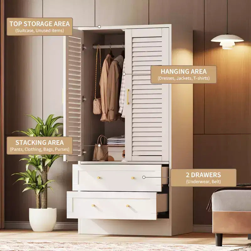 Armoire à persiennes GustoWave 65, Placard en bois avec 2 portes et 2 tiroirs, Rangement avec tringle à suspendre pour chambre à coucher