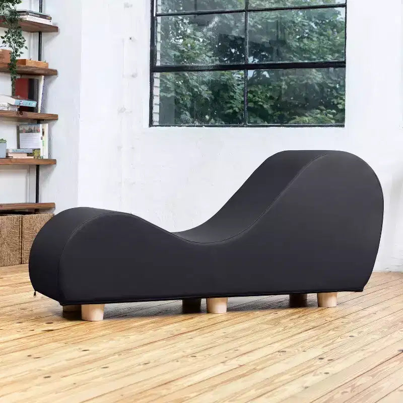 Avana Chaise Lounge Chair for Stretching and Relaxation, Hevea Wood Feet, Faux Leather - Submarine Grey