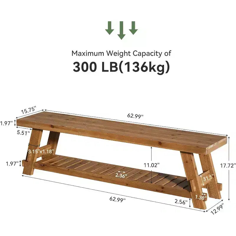 Lantine 63 Solid Wood Shoe Storage Bench , Farmhouse Entryway Bench with Storage Shelf, Dining Bench for Entryway, Bedroom, Mudroom, Rustic Brown