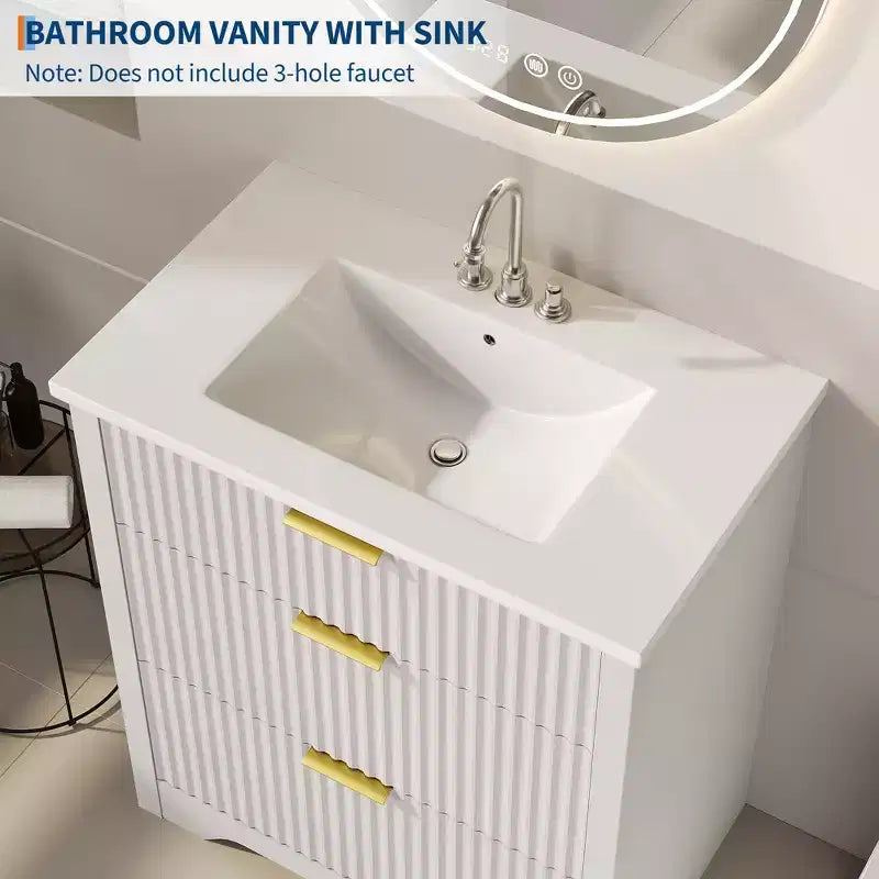 Modern Fluted Bathroom Vanity Set with Integrated Ceramic Basin Freestanding Bathroom Storage Vanity Cabinet with 3 Drawers for Contemporary Bathroom