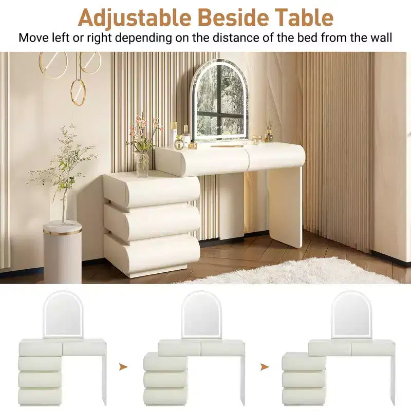 Modern Leather Upholstered Makeup Vanity Table with LED Lighted Mirror and 5 Drawers