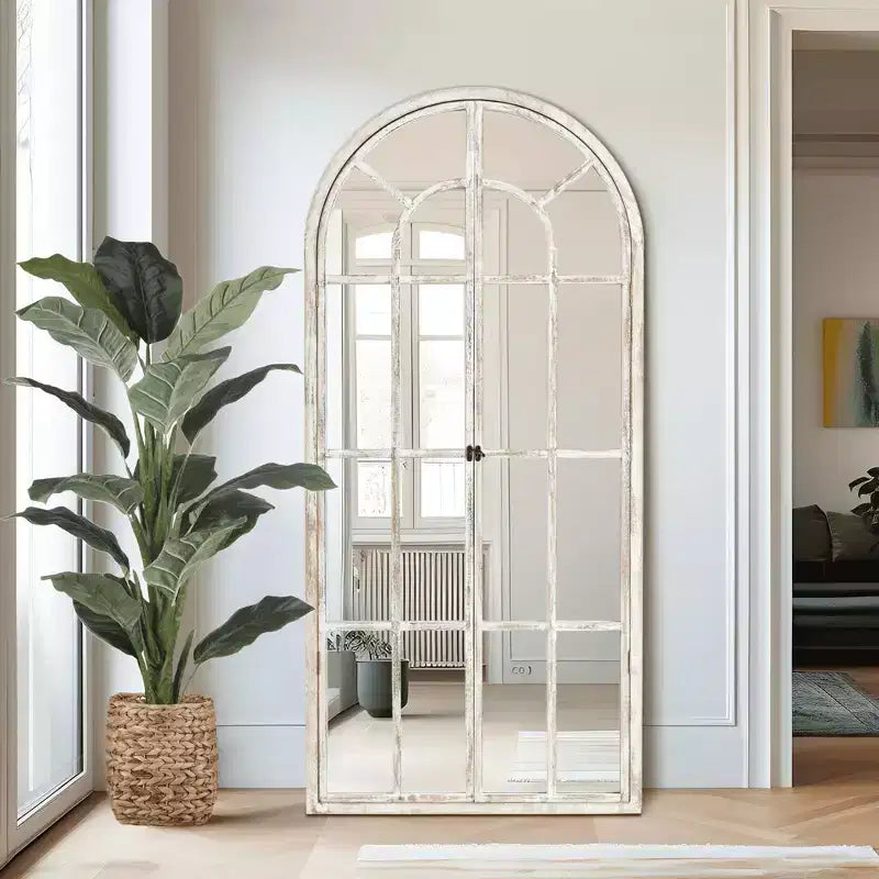 Full-Length Wall Mirror, Solid Wood Grid Arch Design, Openable, No Stand