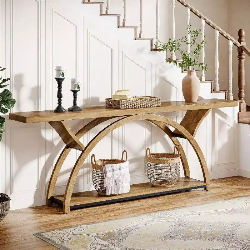 70.87 Industrial Console Sofa Table with 2-Tier Storage Shelves, Light Brown