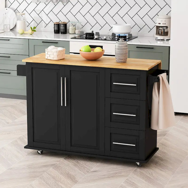 Kitchen Island Cart with Two Door Cabinet and Three Drawers