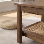 Bekrvio 47.2'' Boho Mid Century Modern Coffee Table, 2-Tier Rustic Rectangle Wood Center Table with Wood Legs & Rattan Shelf, for Living Room