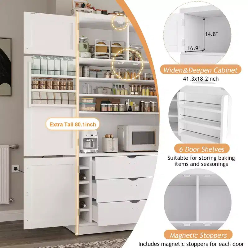 Tall Kitchen Pantry Cabinet with Power Outlets, Large Freestanding Cupboard with Microwave Stand, Drawers, Shelves, Wine Racks & Door-Shelf
