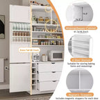 Tall Kitchen Pantry Cabinet with Power Outlets, Large Freestanding Cupboard with Microwave Stand, Drawers, Shelves, Wine Racks & Door-Shelf