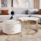 2 Pieces White Round Nesting Coffee Table with Drawers