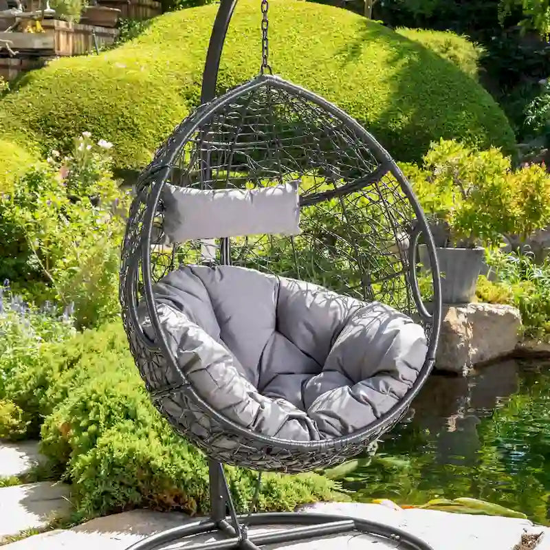 Waterproof Outdoor Wicker Hanging Basket Chair with Cushions, Hammock Seat - 300 lbs Capacity