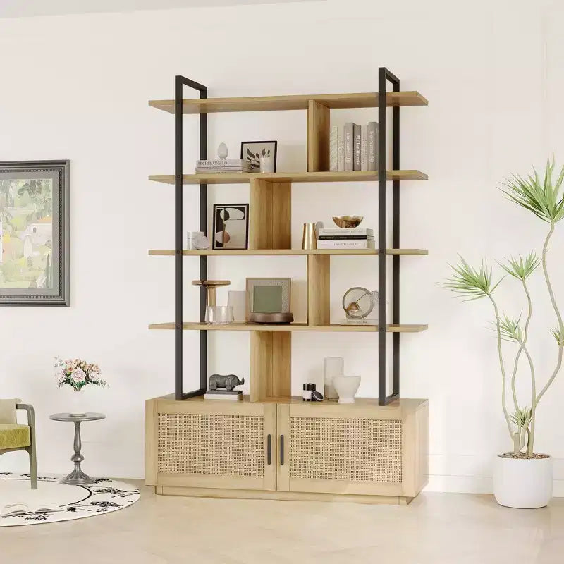 Bibliothèque en rotin GustoWave, étagère industrielle de 180,6 cm de haut avec porte de rangement, étagère à 5 niveaux avec cadre métallique pour salon