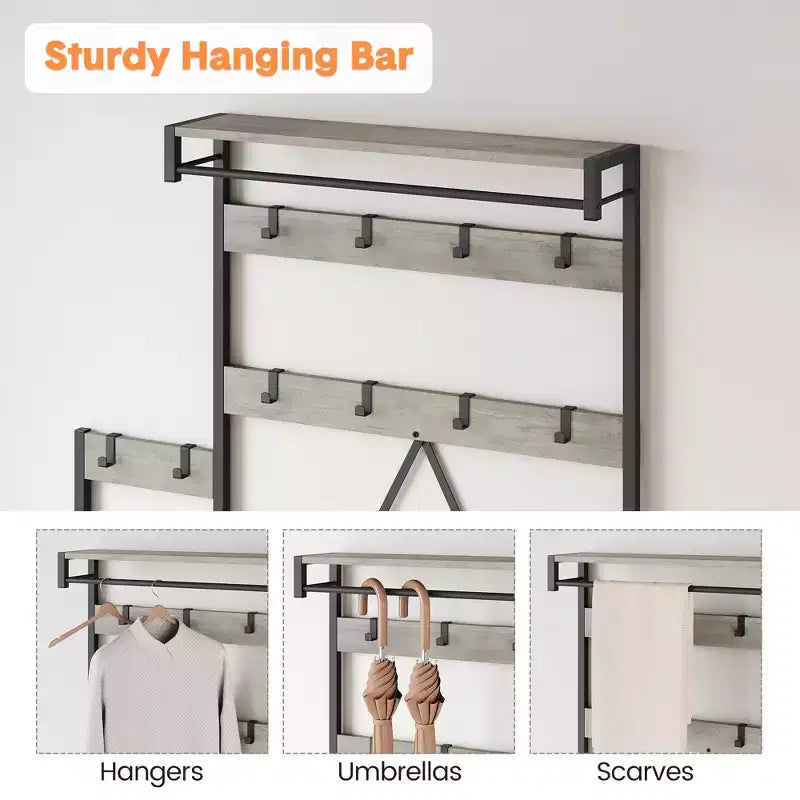 Entryway Shoe Storage Rack with Bench, Coat Rack Hall Tree with 7 Hooks and Storage Shelf, Entryway Coat Rack for Hallway Mudroom Bedroom