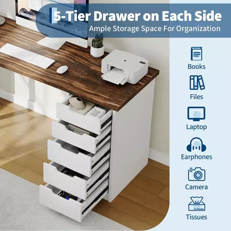 47 Inch Computer Desk with 5 Storage Drawers, Reversible Modern Rustic Study Writing Table, Home Office Workstation for Small Spaces