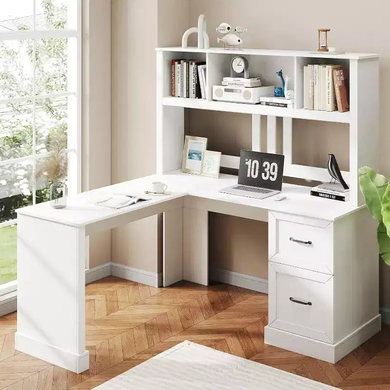 Zevemomo 60 L Shaped Desk with Hutch and Drawers, Corner Computer Desk with Open Storage Shelves,for Home Office or Bedroom, Modern white