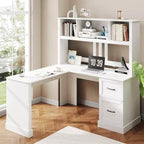 Zevemomo 60 L Shaped Desk with Hutch and Drawers, Corner Computer Desk with Open Storage Shelves,for Home Office or Bedroom, Modern white