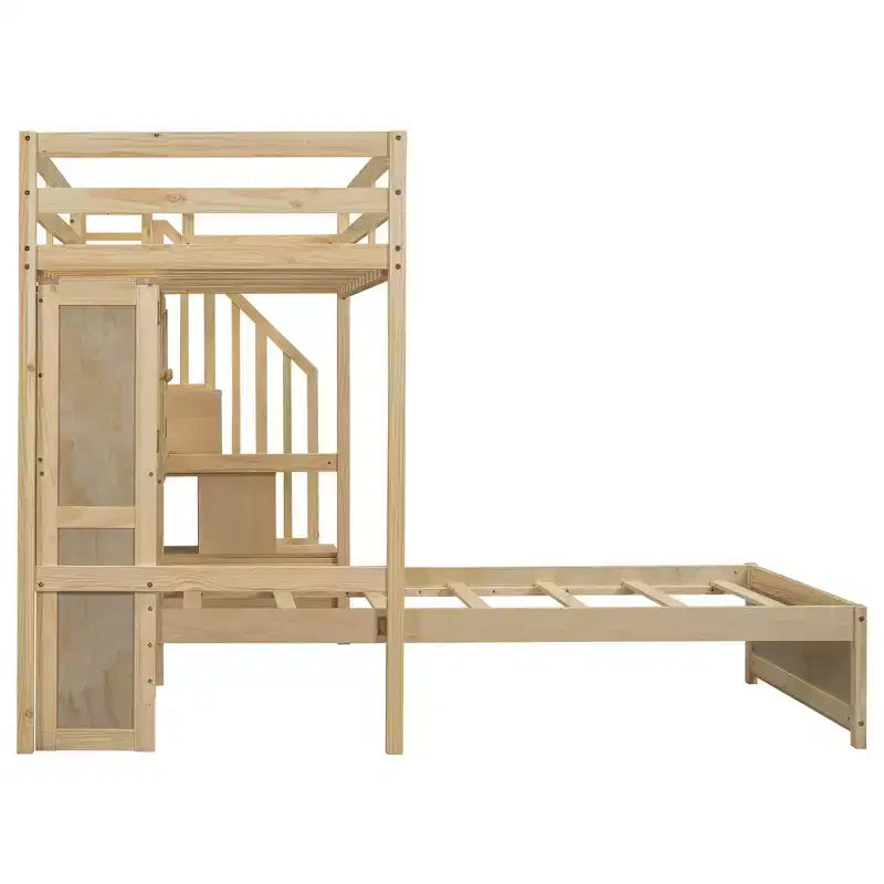 Wood Twin Size Bunk Bed with Desk and Staircase, L-Shaped Twin over Twin Loft Bed with Storage Compartments and Shelves