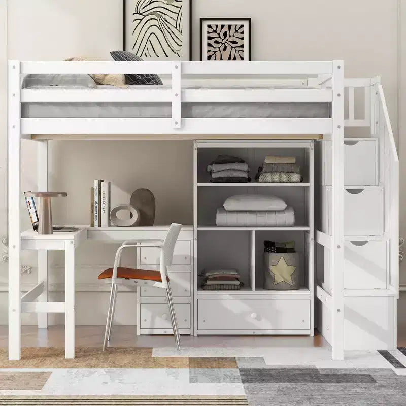 Clihome Full Size Loft Bed with L-Shaped Desk and Drawers, Cabinet and Storage Staircase