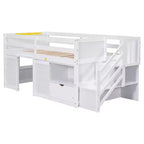 Lit mezzanine bas en bois massif, taille double, avec escalier, tiroir et étagère, design moderne et épuré, 94,6 L x 42,3 l po