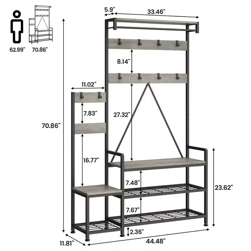 Entryway Shoe Storage Rack with Bench, Coat Rack Hall Tree with 7 Hooks and Storage Shelf, Entryway Coat Rack for Hallway Mudroom Bedroom