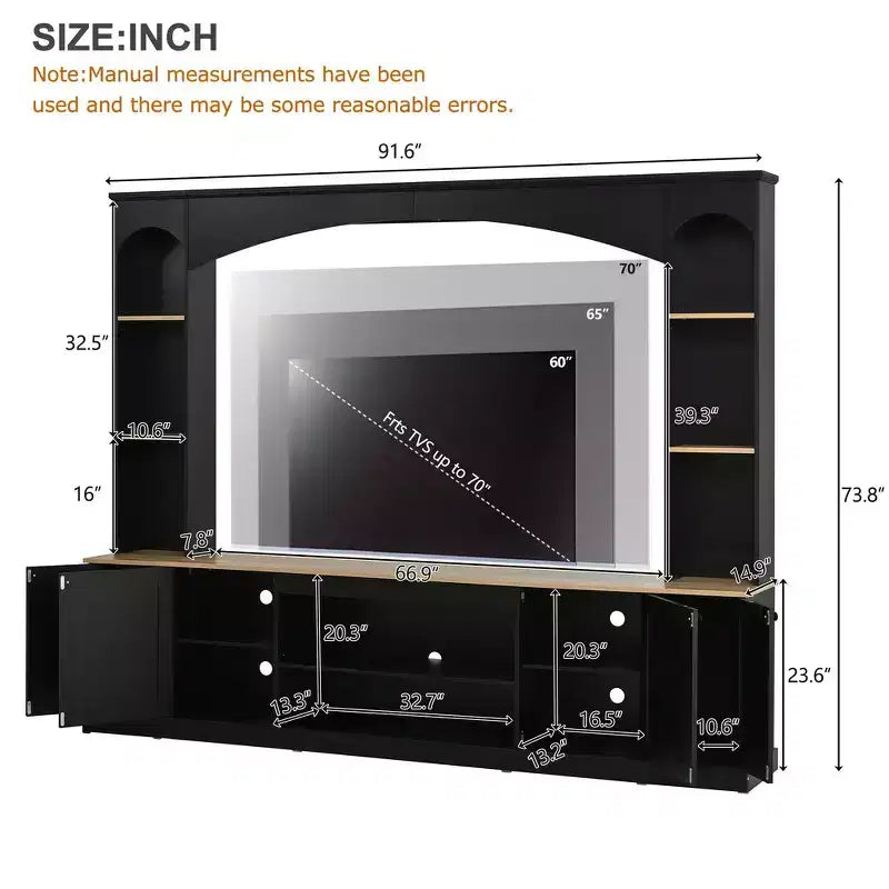 Whisen 91 Media Console, Arched Entertainment Center Wall Unit, Farmhouse TV Stand with Bookshelf, Wood Grain for TVs Up to 70