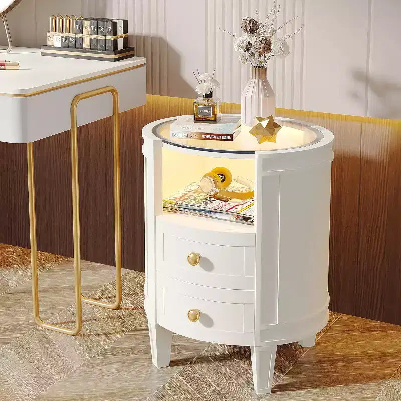 Lantine Lot de 2 tables de chevet modernes ivoire et blanc avec plateau en verre LED, 2 tiroirs, aucun assemblage requis, tables de chevet ovales pour chambre à coucher
