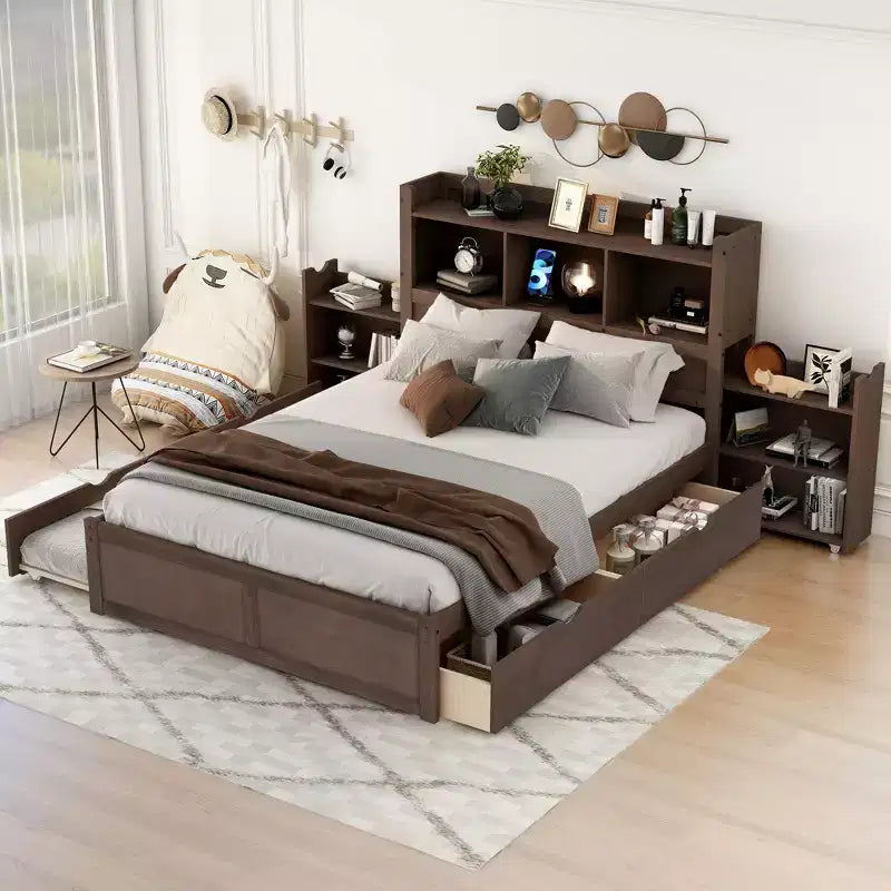 Full Storage Platform Bed with Trundle, Bookcase Headboard and Charging Station, Wooden Full Size Bed Frame with Shelves and Drawers