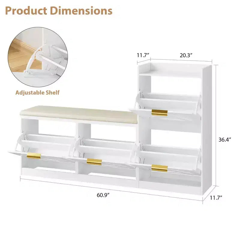 Farmhouse Shoe Cabinet with Bench, 4 Flip Drawers Entryway Shoe Storage Organizer with Comfort Cushioned Seat, Freestanding Shoe Rack Bench