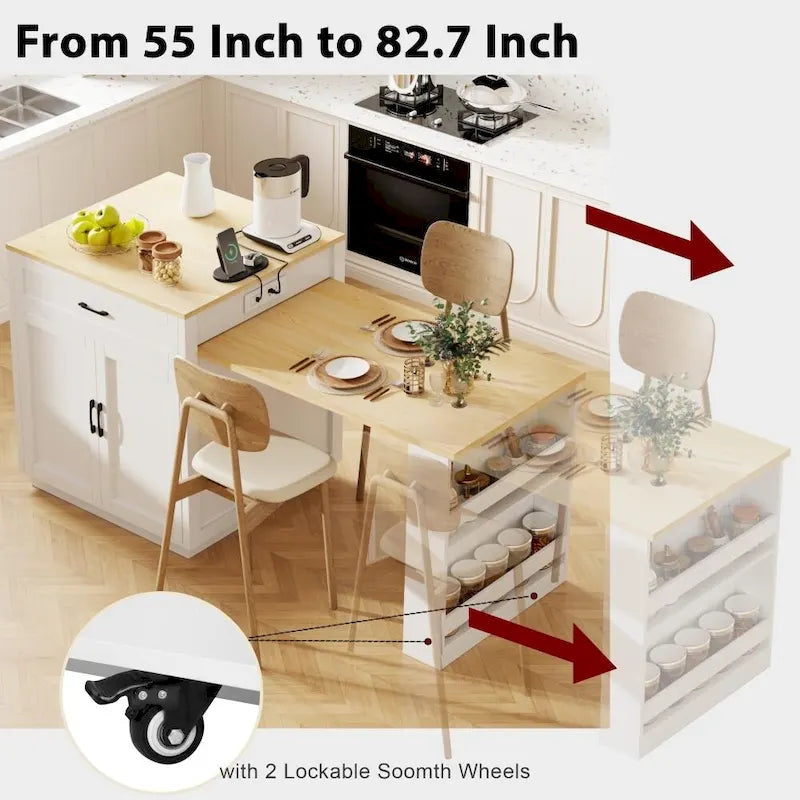 82.7 Wooden 4-6 Person Kitchen Island with Extendable Dining Table and Double-sized Storage
