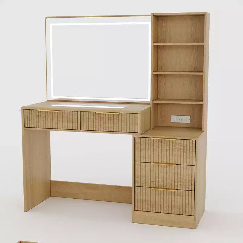 Vanity Desk with Mirror, 5 Drawers Glass Top Hairdryer Rack Wave Texture Makeup Table for Bedroom