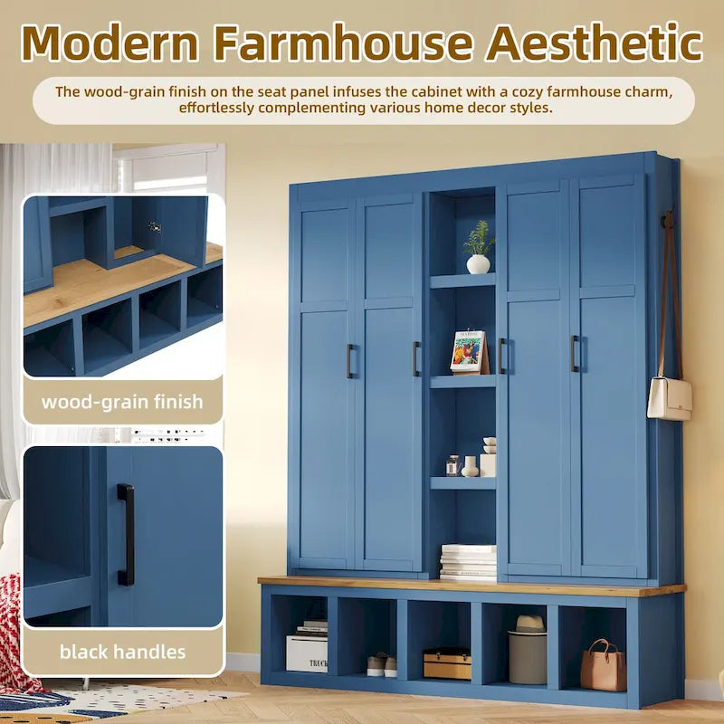Black / White / Blue Farmhouse Hall Tree with Shoe Cabinet, Bench, Hooks and Open Shelves for 1窶・ Person