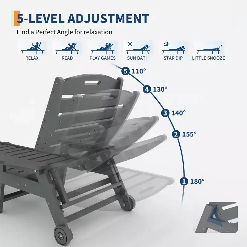 Lot de 2 chaises longues pliantes réglables 5 positions en PEHD, transats d'extérieur avec porte-gobelet, roulettes, accoudoirs, résine durable