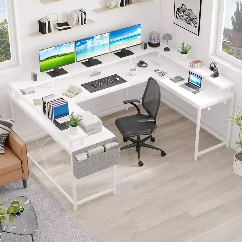 COZONY 78 U/L Shaped Gaming Desk, Reversible Computer Desk with Power Outlets, LED Lights, Monitor Stand & Storage Shelf, Corner Desk for Home Office