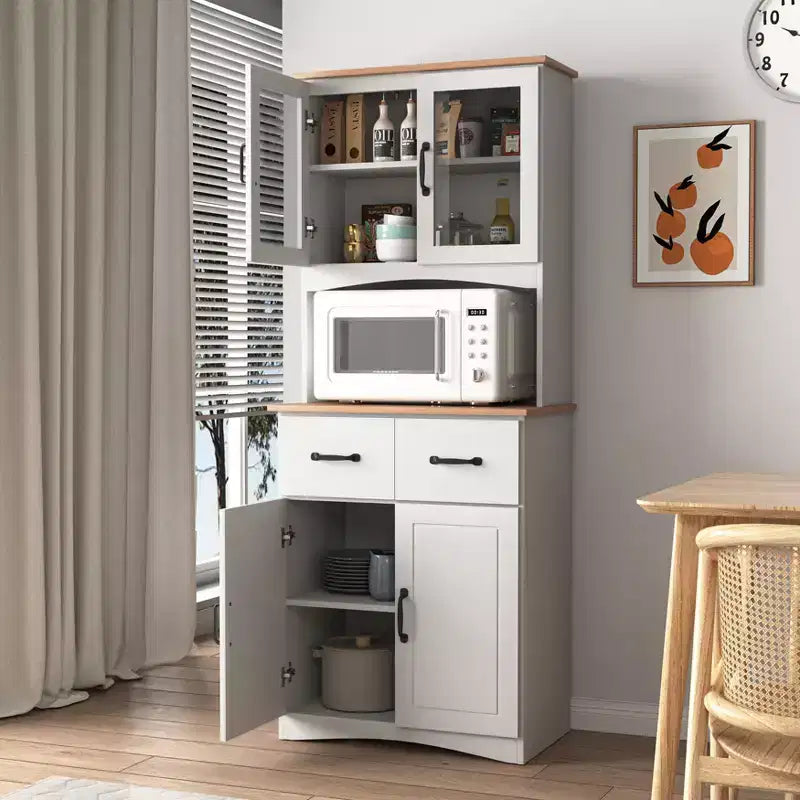 23 Wooden Kitchen Cabinet, Pantry Microwave Cabinet with Glass Doors and Drawers, Adjustable Shelves, White