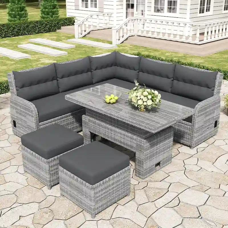 Outdoor Rattan Sectional Sofa Set with Adjustable Table & Recliners