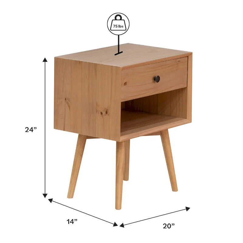 Set of 2 Mid-Century Solid Wood Nightstands with 1 Drawer, Bedroom Side Tables