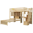 Wood Twin Size Bunk Bed with Desk and Staircase, L-Shaped Twin over Twin Loft Bed with Storage Compartments and Shelves
