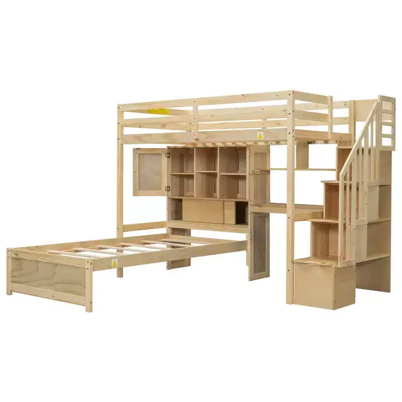 Wood Twin Size Bunk Bed with Desk and Staircase, L-Shaped Twin over Twin Loft Bed with Storage Compartments and Shelves