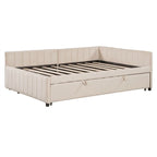 Upholstered Daybed with Twin Size Pop Up Trundle, Full Size Daybed Frame Sofa Bed with L-Shaped Backrest and Striped Design