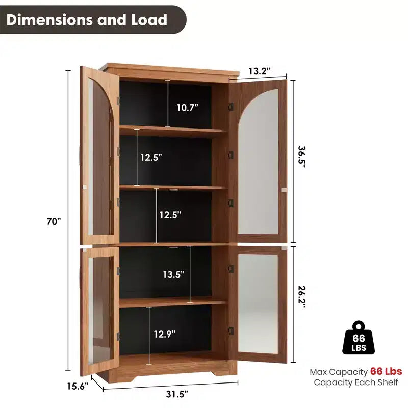 70 Tall Kitchen Pantry Cabinet, Modern Display Cabinet with 4 Arched Glass Doors and Adjustable Shelves, for Kitchen, Living Room, Dining, Bathroom