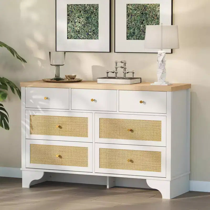 7 Drawer Dresser for Bedroom, 47.3 Wide Natural Rattan Chest of Drawers, Wood Boho Clothing Storage Organizer, for Living Room