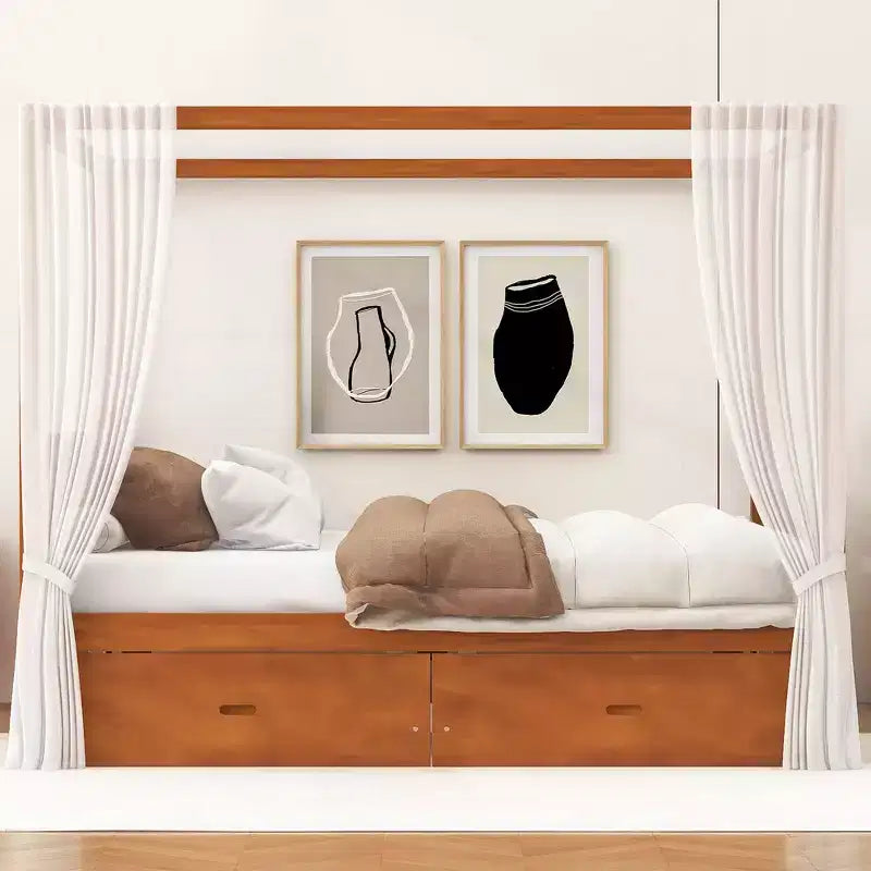 Cadre de lit à baldaquin en bois Whisen de taille Queen avec 2 tiroirs de rangement intégrés, construction robuste et durable